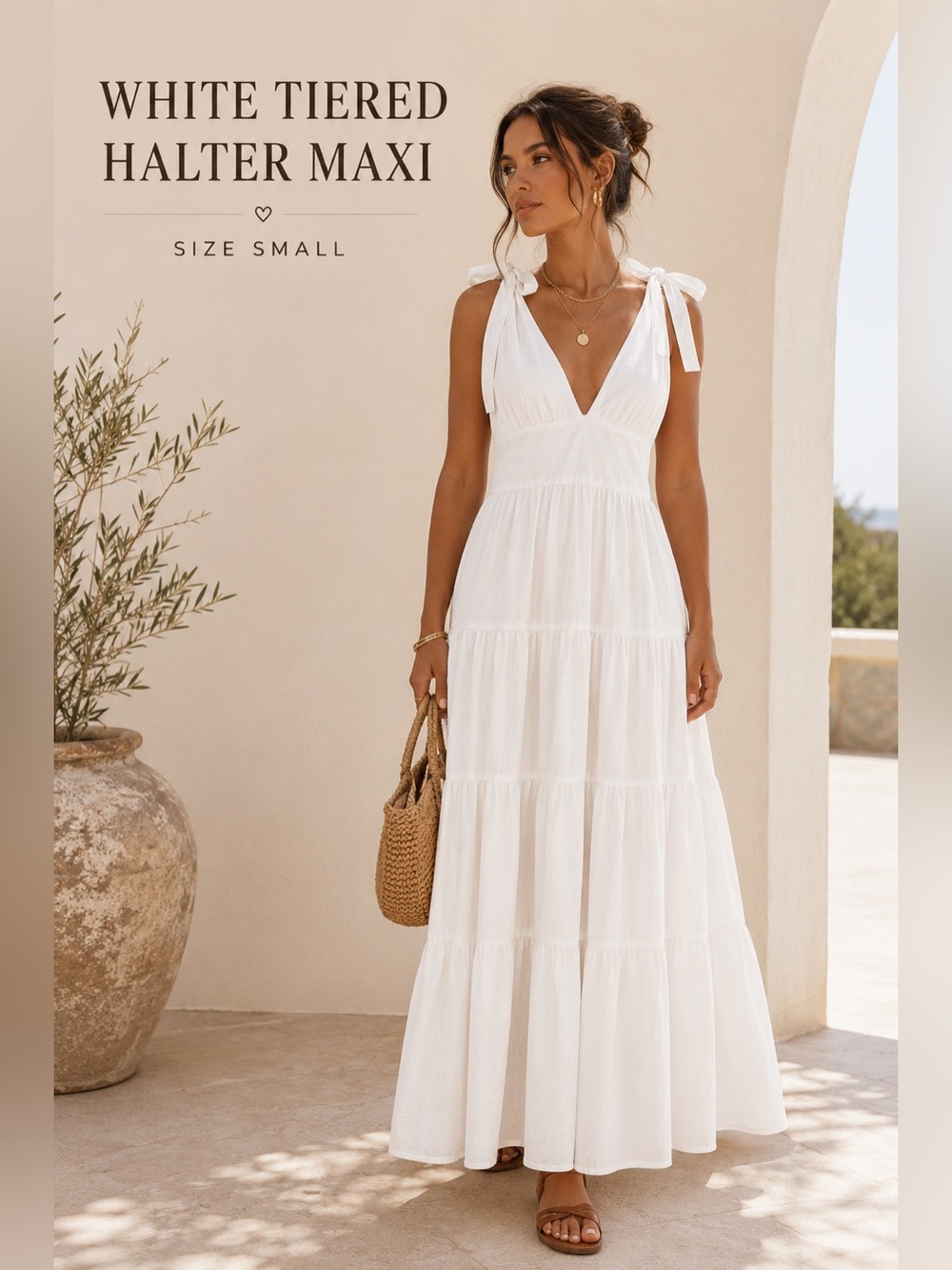 White Tiered Halter Maxi Dress Small Adjustable Straps Boho Cottagecore